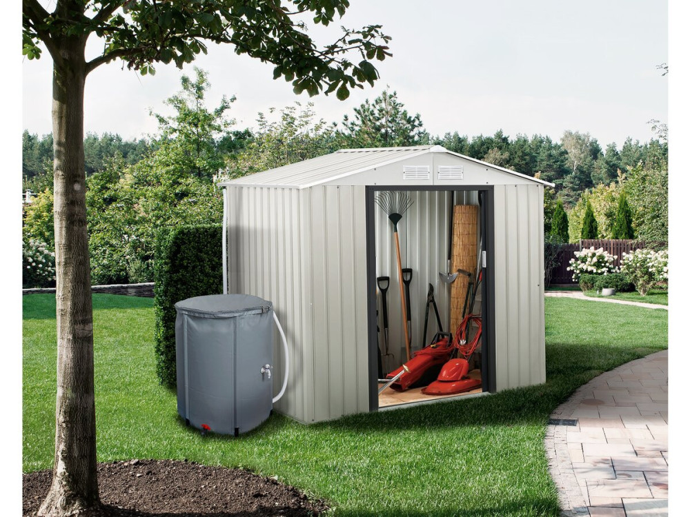 Tuinhuisje metaal "Nebraska" - 4,07 m² met goot en regenton waterreservoir
