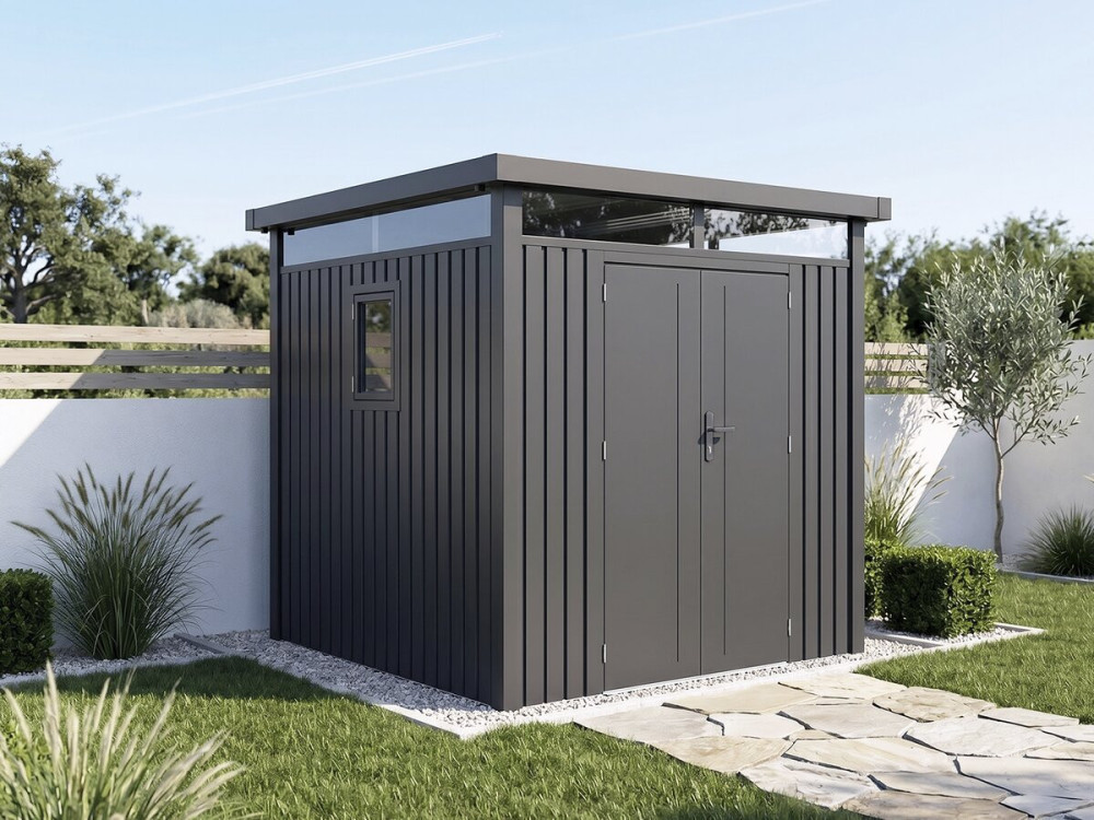 Premium metalen tuinhuisje met plat dak en klapdeur "Lexinton" - 5,29 m² - Grijs