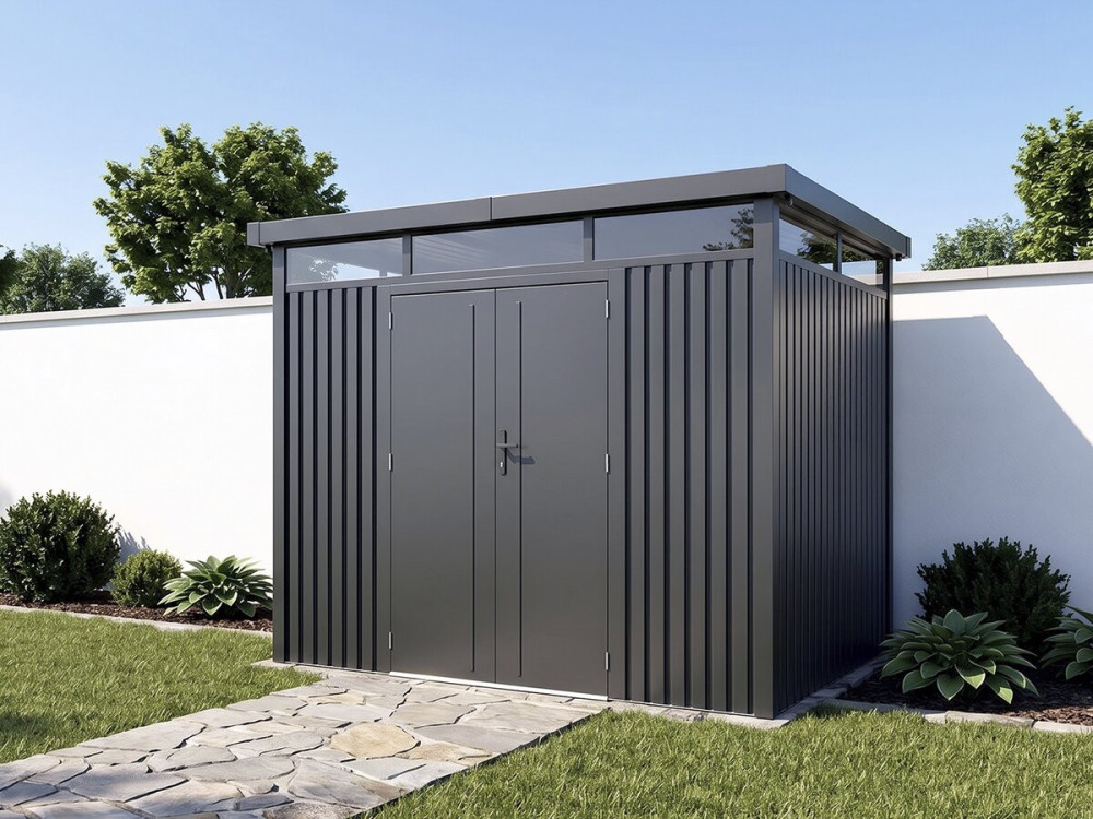 Premium metalen tuinhuis met plat dak en klapdeur "Lexinton" - 6,76 m² - Grijs