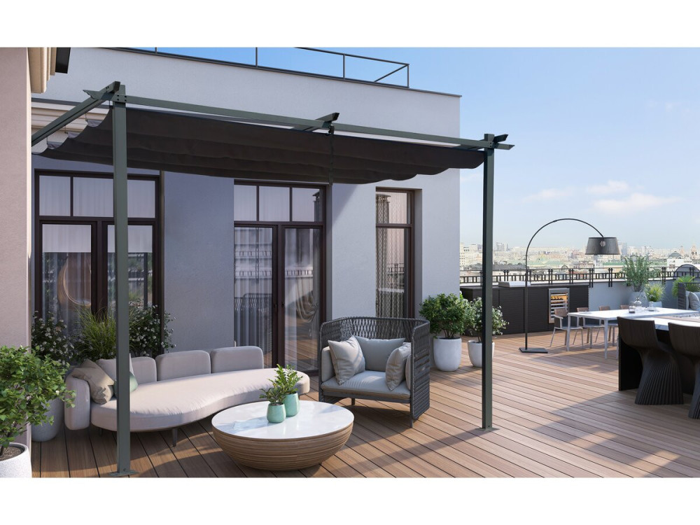 Pergola aanbouw harmonicadoek schaduwdoek zonwering verstelbaar - 3 x 3 m - Grijs antraciet