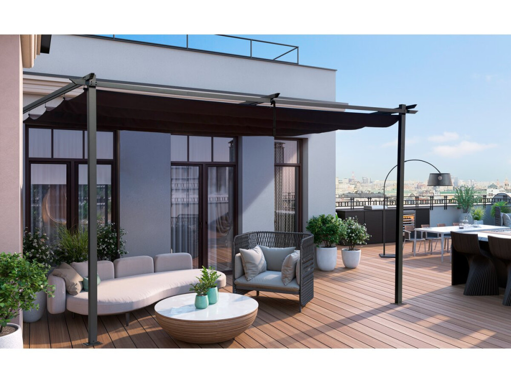 Pergola aanbouw harmonicadoek schaduwdoek zonwering verstelbaar -  3 x 4 m - Grijs antraciet