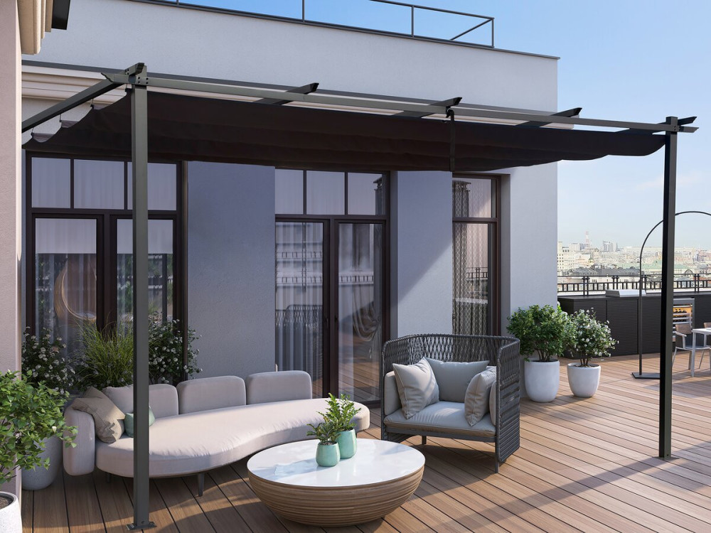 Pergola terrasoverkapping aanbouw aluminium harmonicadoek schaduwdoek zonwering verstelbaar -  3 x 4 m -  Grijs
