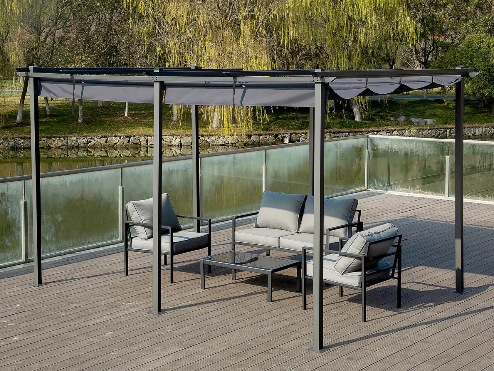 Pergola terrasoverkapping metaal harmonicadoek schaduwdoek zonwering verstelbaar  - 3 x 6 m - Antraciet