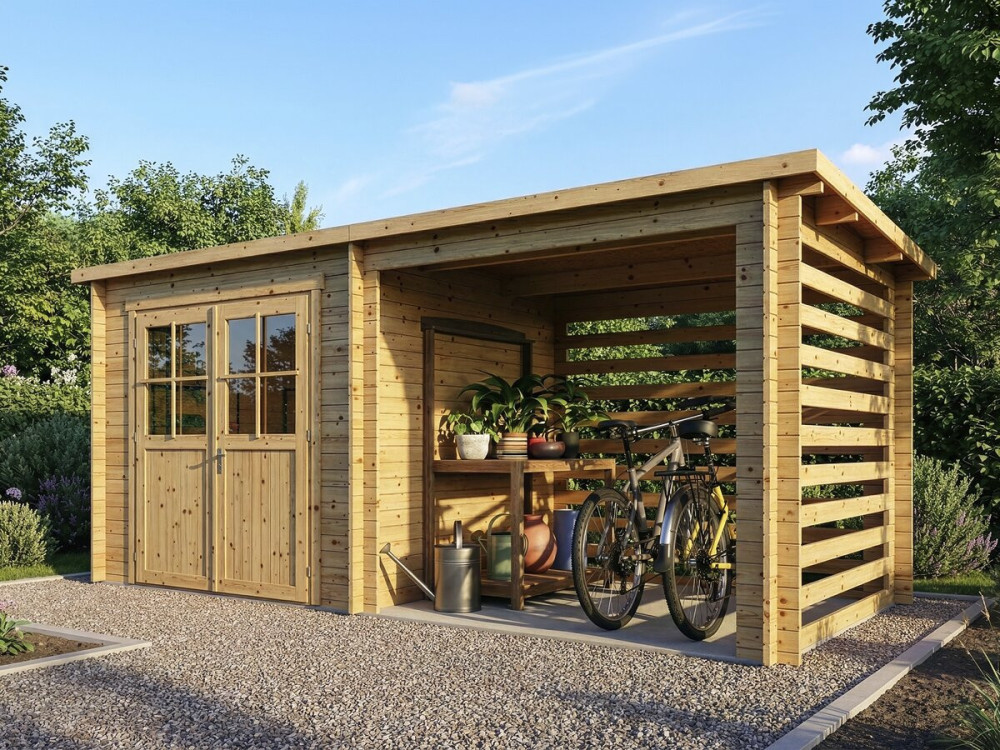 Houten tuinhuisje met afdak "Aureval" - 11m² - 2.24 x 5.01 x 2.07 m - 28 mm