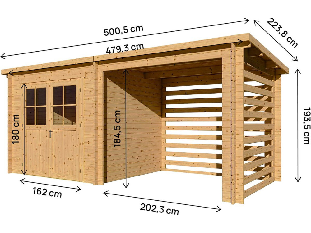Houten tuinhuisje met afdak "Aureval" - 11m² - 2.24 x 5.01 x 2.07 m - 28 mm
