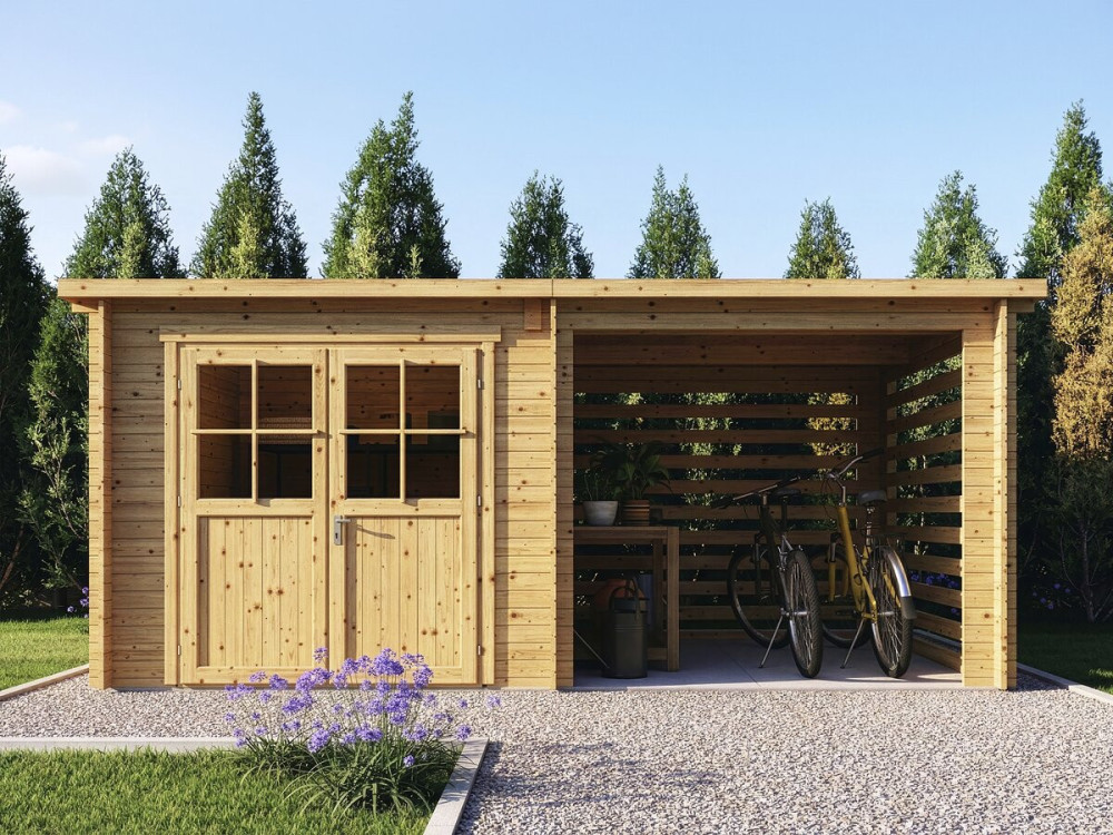 Houten tuinhuisje met afdak "Aureval" - 11m² - 2.24 x 5.01 x 2.07 m - 28 mm
