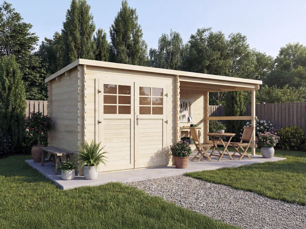 Montval" houten tuinhuis met luifel - 14 m² - 28 mm