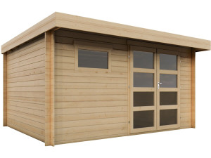 Eiken" houten tuinhuisje met plat dak - 13.1 m² - 28 mm - Beige