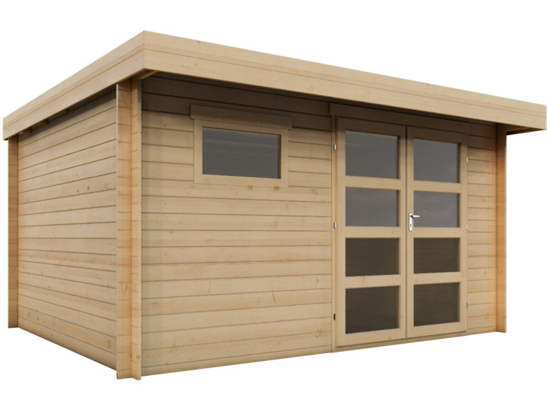 Eiken" houten tuinhuisje met plat dak - 13.1 m² - 28 mm - Beige