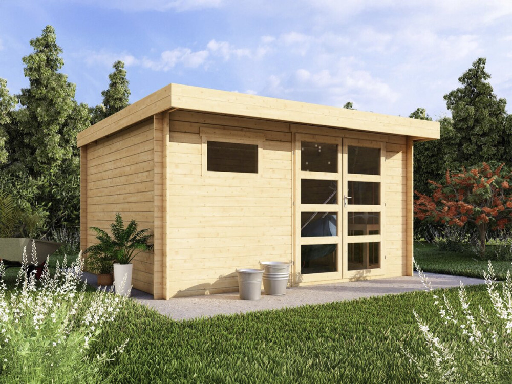 Eiken" houten tuinhuisje met plat dak - 13.1 m² - 28 mm - Beige