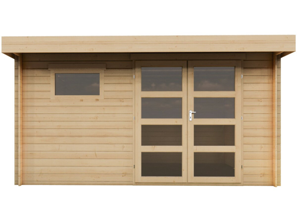 Eiken" houten tuinhuisje met plat dak - 13.1 m² - 28 mm - Beige