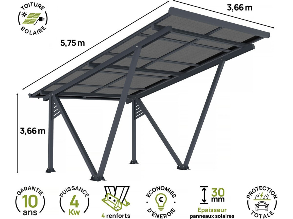 Carport met zonnepanelen zonwering overkapping - 366 x 575 x 366 cm - Grijs - 4,1 kW