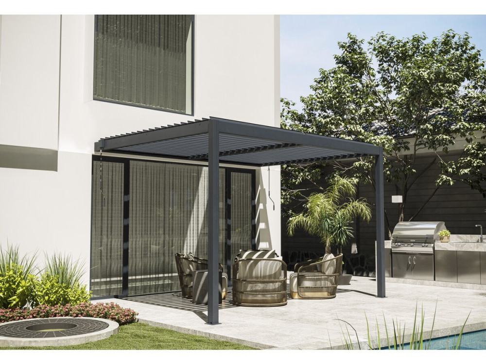 Pergola  terrasoverkapping zonwering verstelbaar met led verlichting aanbouw "Windsor" - 3 x 4 m - Antraciet