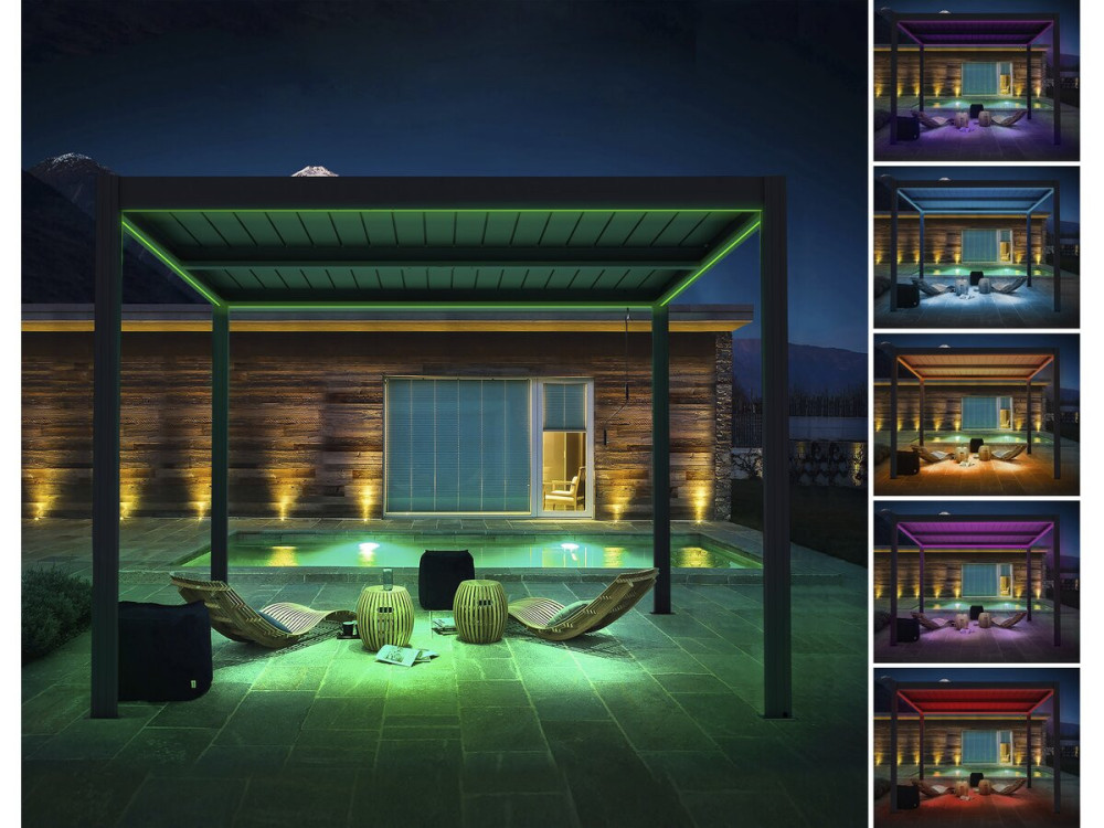 Pergola  terrasoverkapping zonwering 3 x 4 m verstelbaar aluminium met led verlichting "Windsor premium" - Grijs