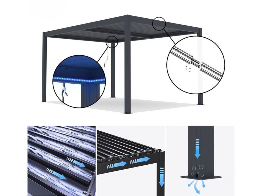 Pergola  terrasoverkapping zonwering 3 x 4 m verstelbaar aluminium met led verlichting "Windsor premium" - Grijs