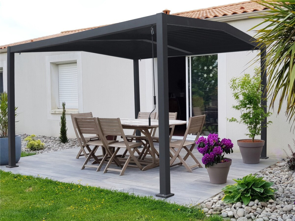 Pergola terrasoverkapping puntdak zonwering verstelbaar aluminium metaal "Victoria"- 3,5 x 4 m - Grijs