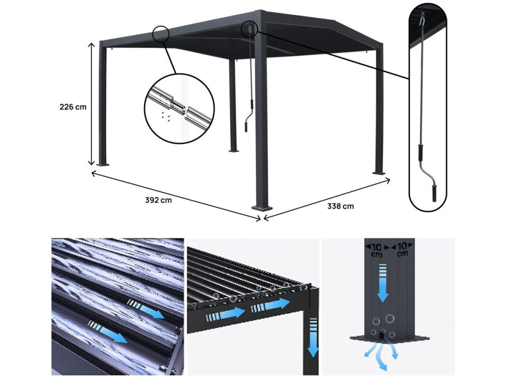 Pergola terrasoverkapping puntdak zonwering verstelbaar aluminium metaal "Victoria"- 3,5 x 4 m - Grijs