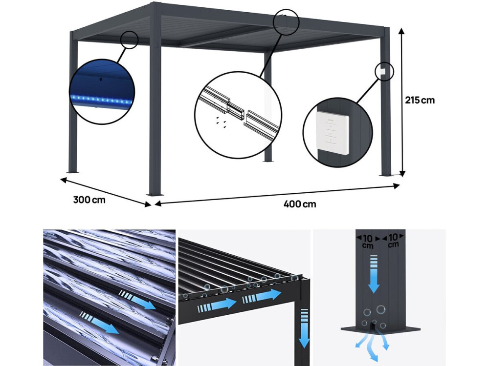 Pergola zonwering 3 x 4 m elektrisch verstelbaar aluminium met led verlichting "Windsor" - Grijs