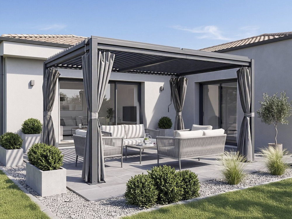 Bioclimatische pergola "Howard" met gordijn en muggengaas - 3 x 4 m - Grijs