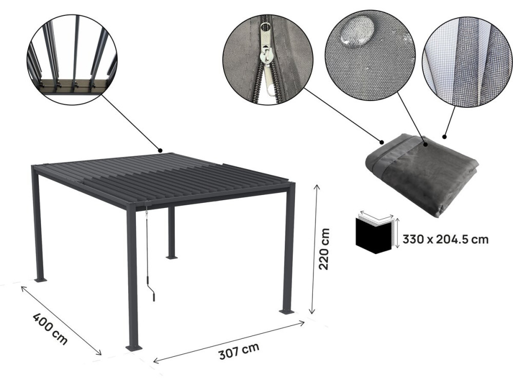 Bioclimatische pergola "Howard" met gordijn en muggengaas - 3 x 4 m - Grijs