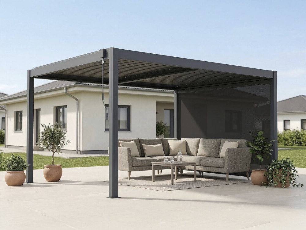 Bioclimatische pergola "Windsor premium" met led en aluminium zonnescherm - 3 x 4 m - Grijs