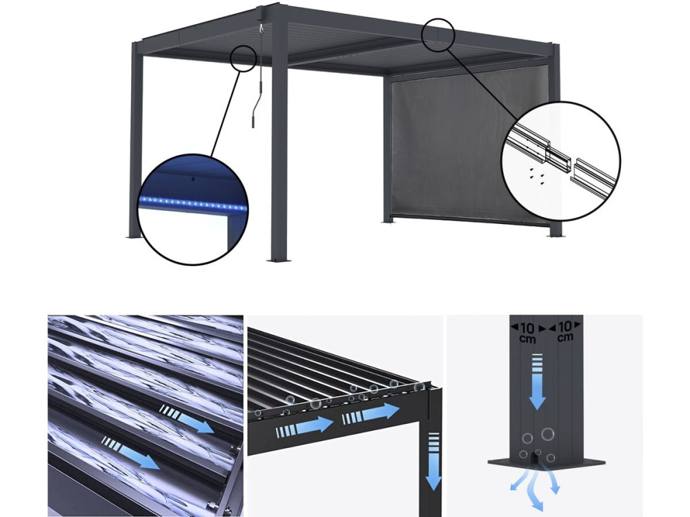 Bioclimatische pergola "Windsor premium" met led en aluminium zonnescherm - 3 x 4 m - Grijs