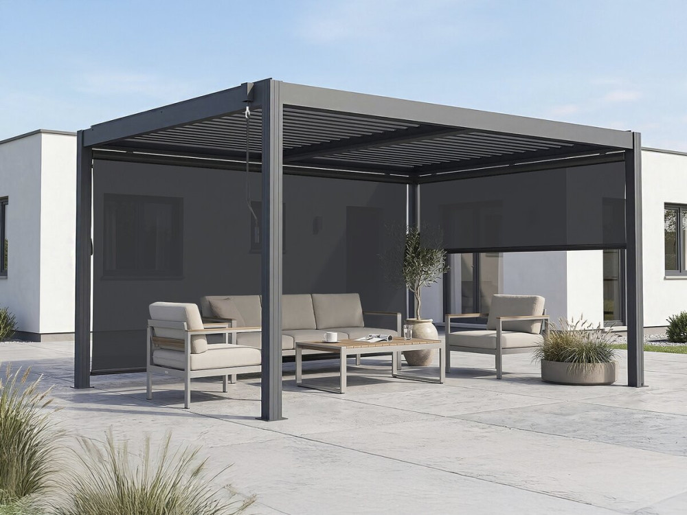 Bioclimatische pergola "Windsor premium" met led en 2 aluminium jaloezieën - 3 x 4 m - Grijs