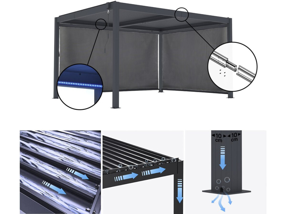 Bioclimatische pergola "Windsor premium" met led en 2 aluminium jaloezieën - 3 x 4 m - Grijs