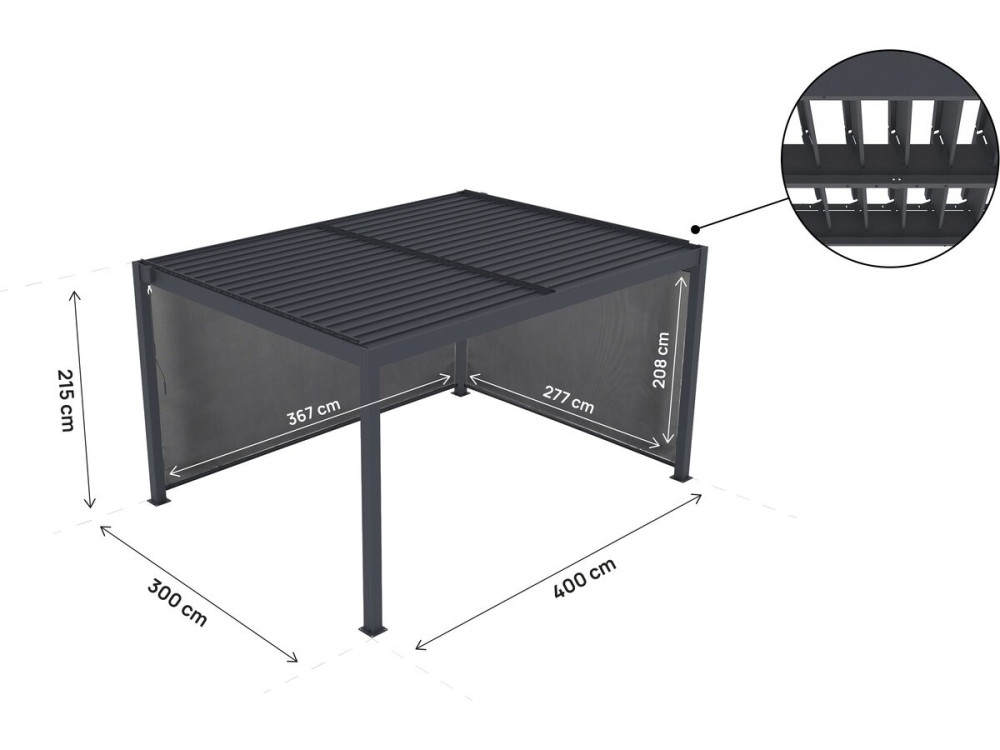Bioclimatische pergola "Windsor premium" met led en 2 aluminium jaloezieën - 3 x 4 m - Grijs