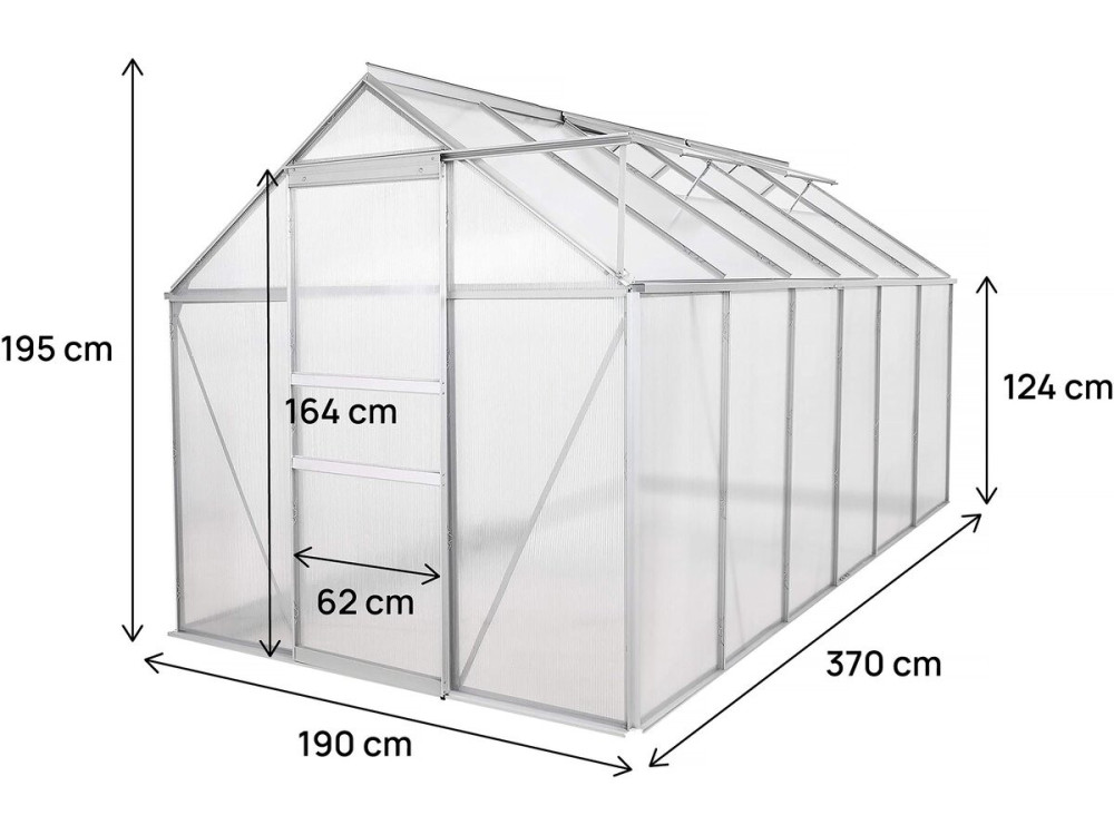 Polycarbonaat tuinkas 370 x 190 x 195 cm "Basilic" - 7,03 m² - Grijs