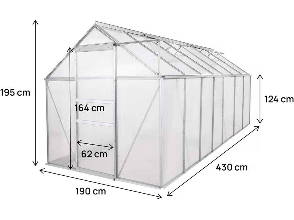 Polycarbonaat tuinkas 430 x 190 x 195 cm "Basilic" - 8,17 m² - Grijs