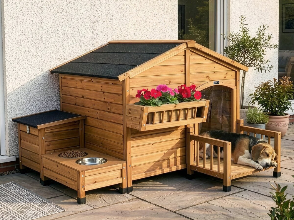 Rusty" houten hondenhok met voerbak en opbergbox - 151 x 138 x 100 cm - Bruin