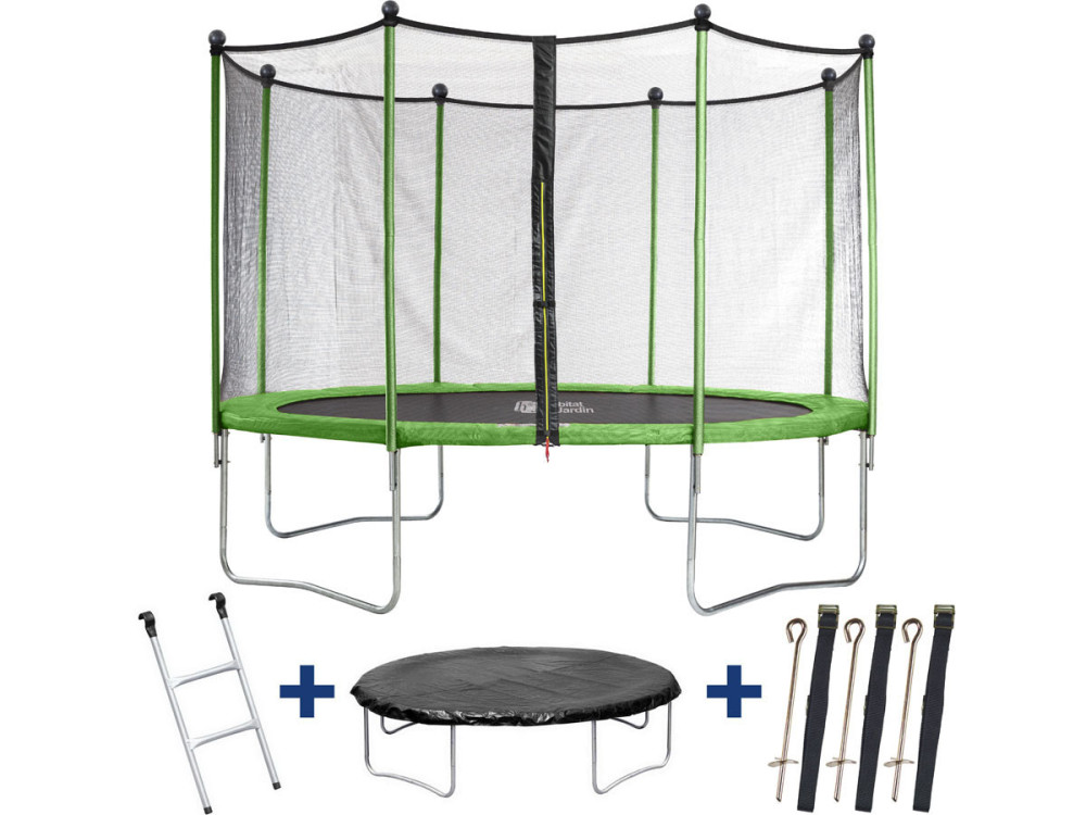 Trampoline buiten outdoor "Yoopi 2" - Ø 425 cm - Met net + ladder + beschermhoes + verankeringsset