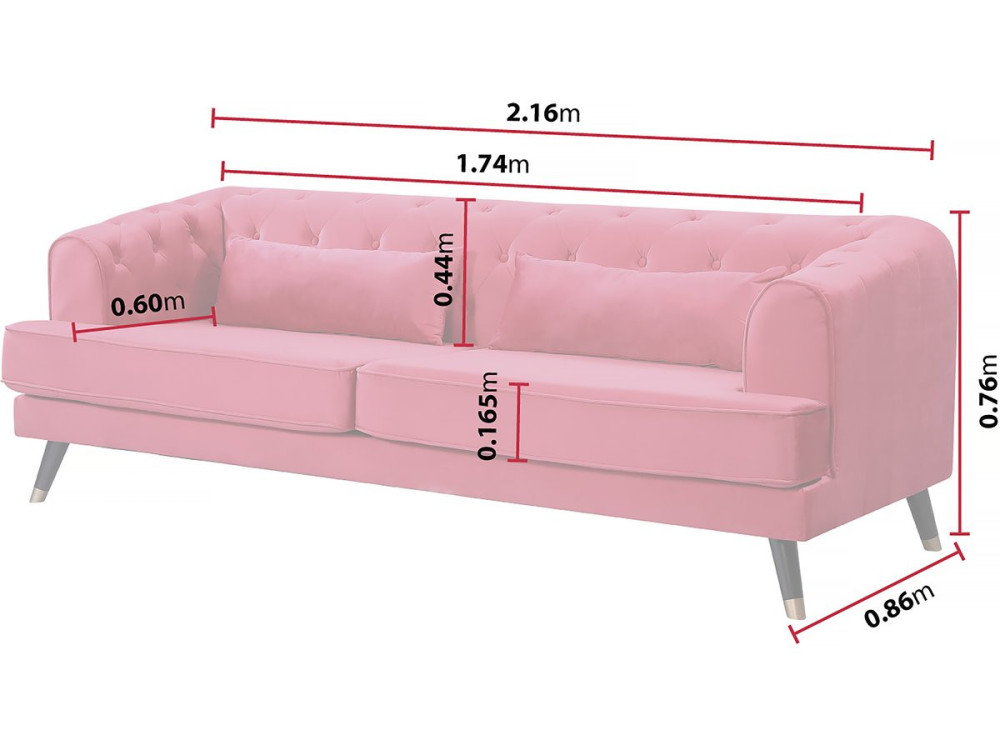 Bank bankstel meubel velours fluweel "Gloria" - 216 x 86 x 76 cm - 3 zits - Rood