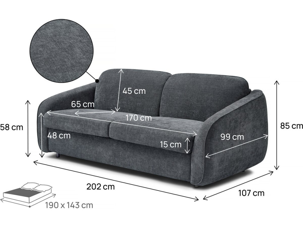 "Laurie" express slaapbank in structuurstof - 140 cm bed - 3 plaatsen - Grijs