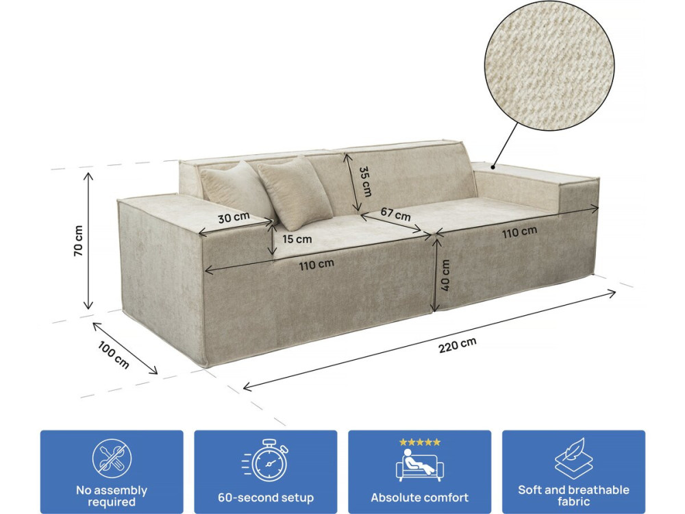 Modulaire rechte bank in structuurstof "Lusso" - 3-zits - Beige