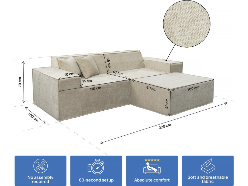 Modulaire rechte bank met voetenbank in structuurstof "Lusso" - 3-zits - Beige