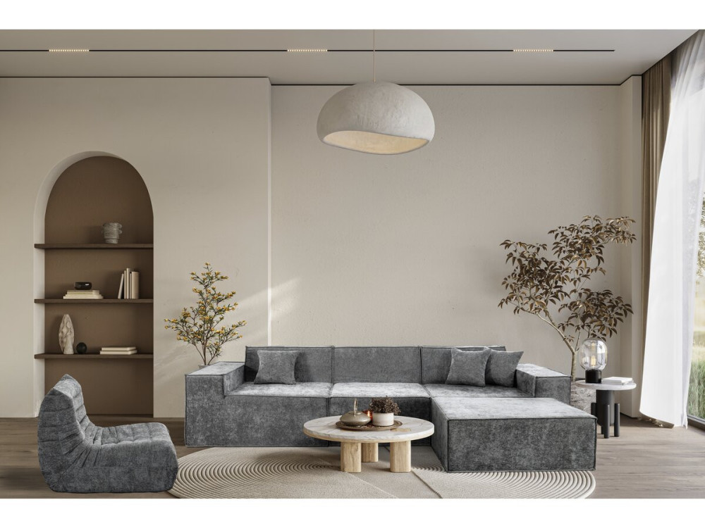 Modulaire rechte bank met voetenbank in structuurstof "Lusso" - 4-zits - Grijs