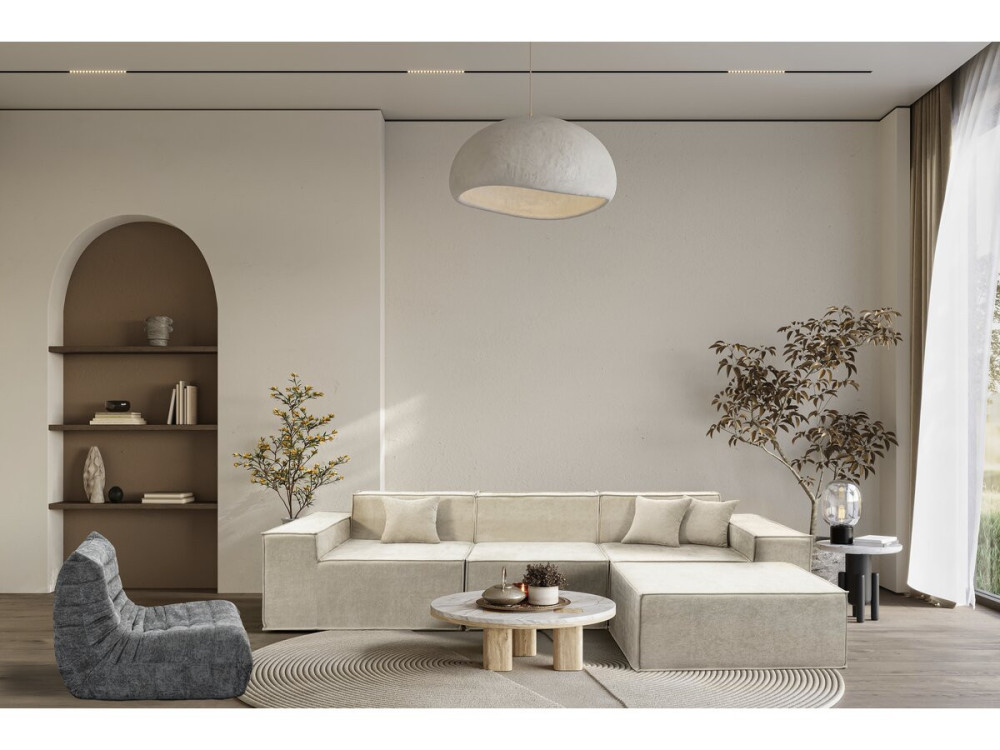 Modulaire rechte bank met voetenbank in structuurstof "Lusso" - 4-zits - Beige