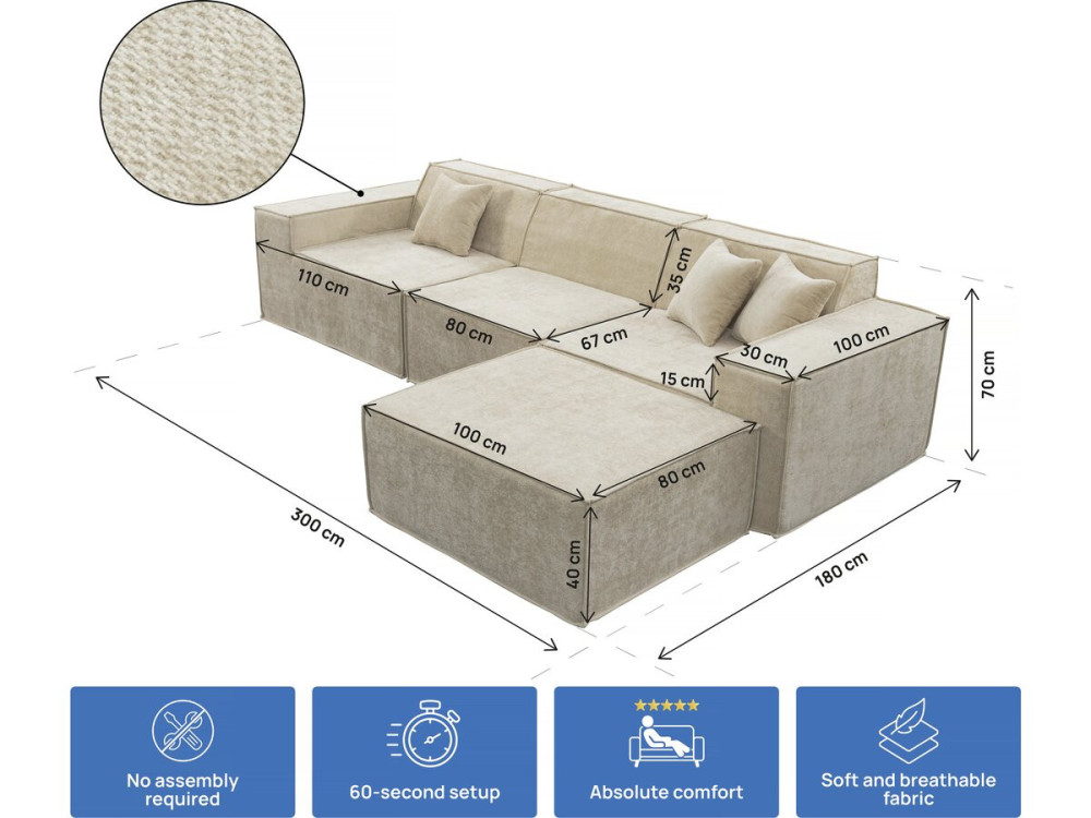Modulaire rechte bank met voetenbank in structuurstof "Lusso" - 4-zits - Beige