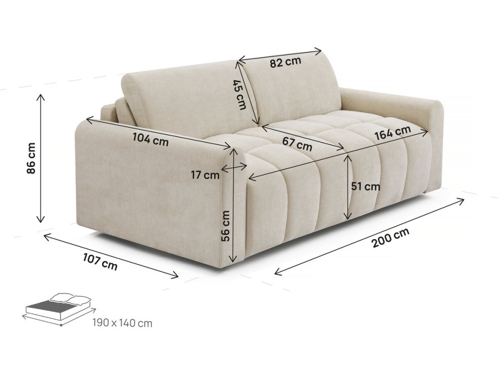 Slaapbank "Isadora" - Matras 18 cm - Beddengoed 140 cm - 3 zits - Beige