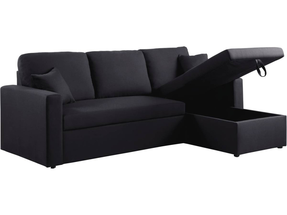 Hoekbank met opbergruimte slaapbank meubel links of rechts bank "Alain" - 221 x 145 x 85 cm - 3 zits - Zwart