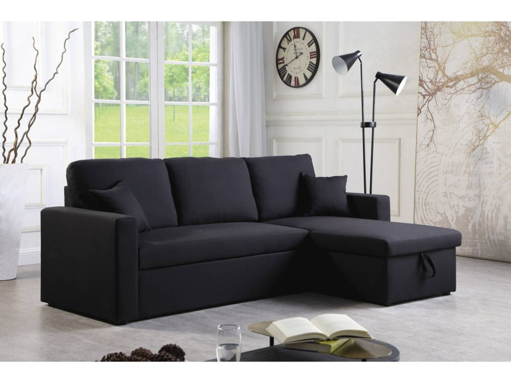Hoekbank met opbergruimte slaapbank meubel links of rechts bank "Alain" - 221 x 145 x 85 cm - 3 zits - Zwart