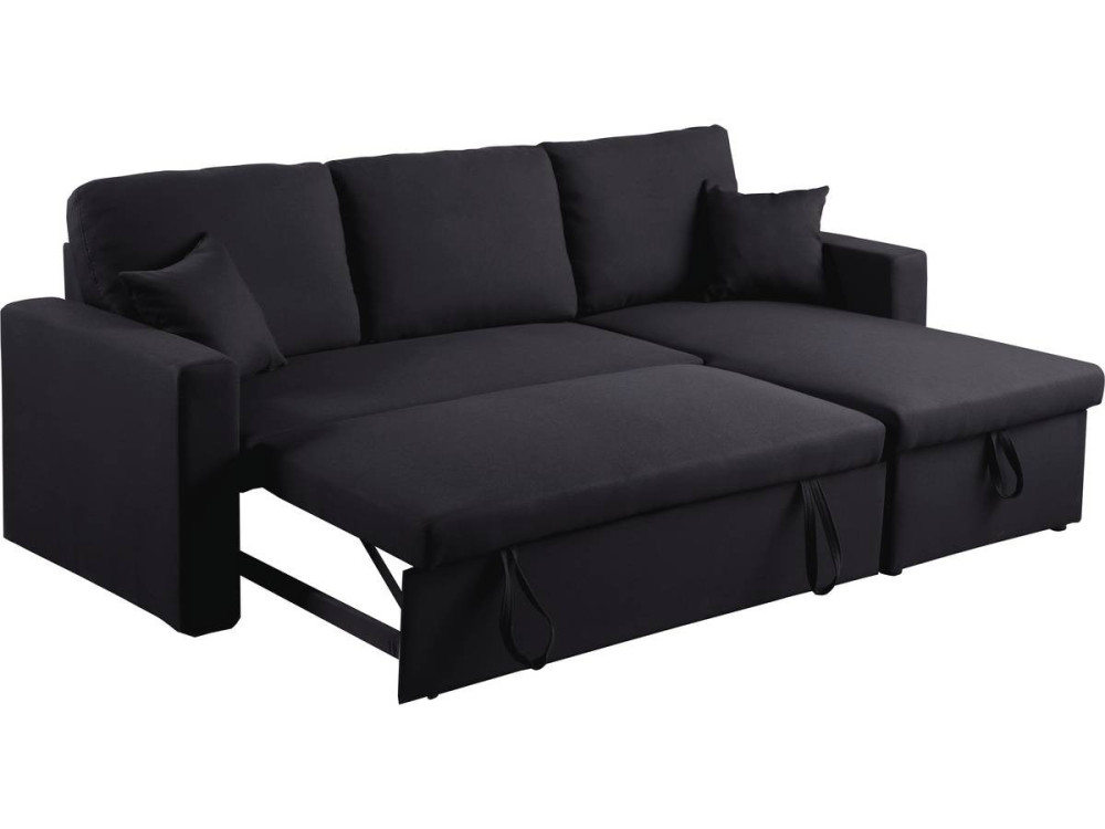 Hoekbank met opbergruimte slaapbank meubel links of rechts bank "Alain" - 221 x 145 x 85 cm - 3 zits - Zwart