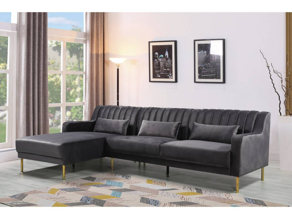 Hoekbank zitbank velours "Oliver" - 275 x 161 x 81 cm - 5 zits - Grijs - Hoek aan linkerkant