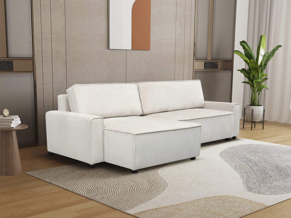 Hoekbank slaapbank meubel opbergruimte links of rechts velours ribfluweel bank "Montaigne" - 3 zits  - Beige - lichtbruin