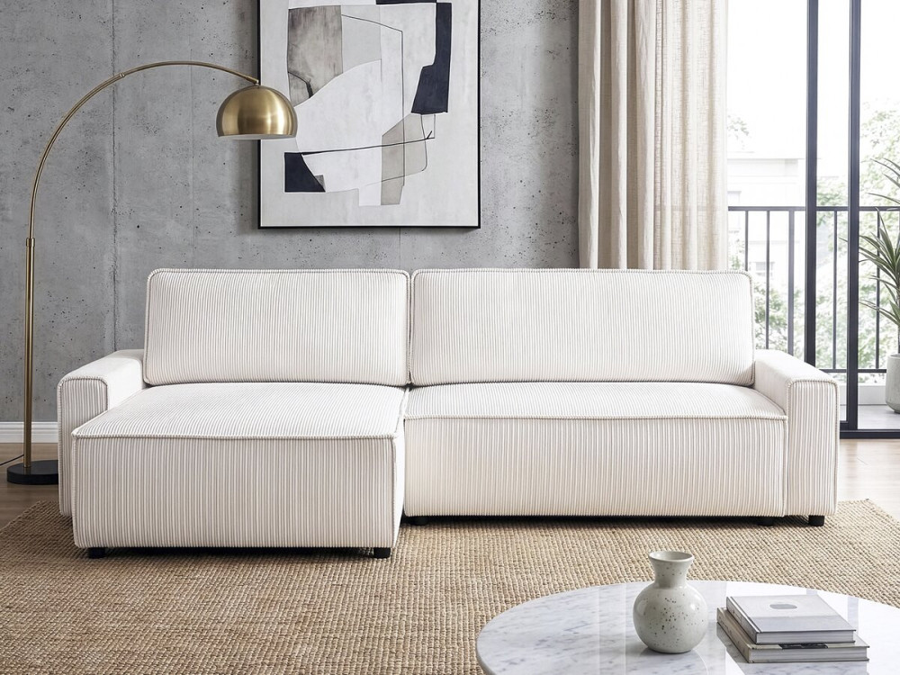 Hoekbank slaapbank meubel opbergruimte links of rechts velours ribfluweel bank "Montaigne" - 3 zits  - Beige - lichtbruin