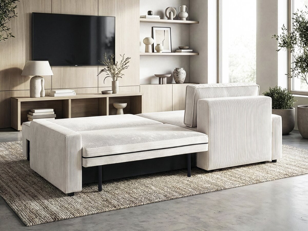 Hoekbank slaapbank meubel opbergruimte links of rechts velours ribfluweel bank "Montaigne" - 3 zits  - Beige - lichtbruin