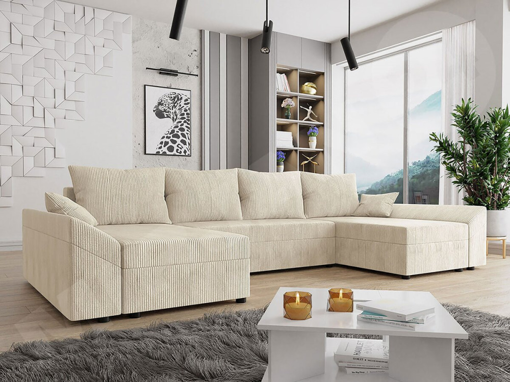Panoramische bank "Vaugirard" van geribbeld fluweel - 5 plaatsen - Beige