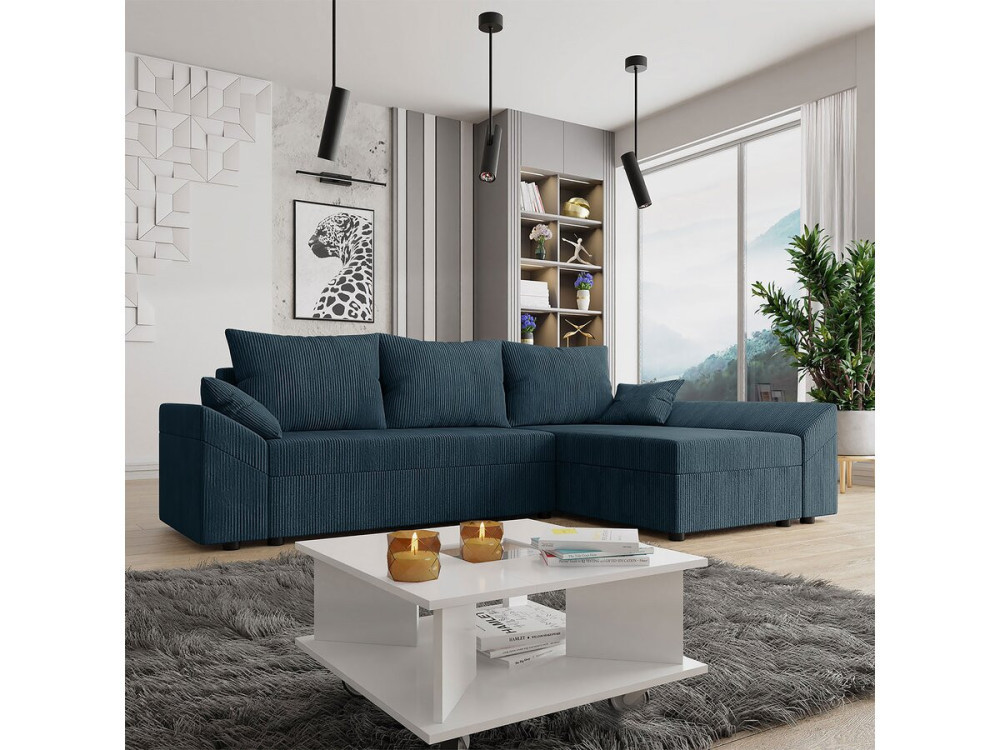 Hoekslaapbank met opbergruimte "Vaugirard " in geribbeld fluweel - 3 zitplaatsen - Blauw